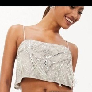 sequin and fringe artwork cami top and fringe midi skirt